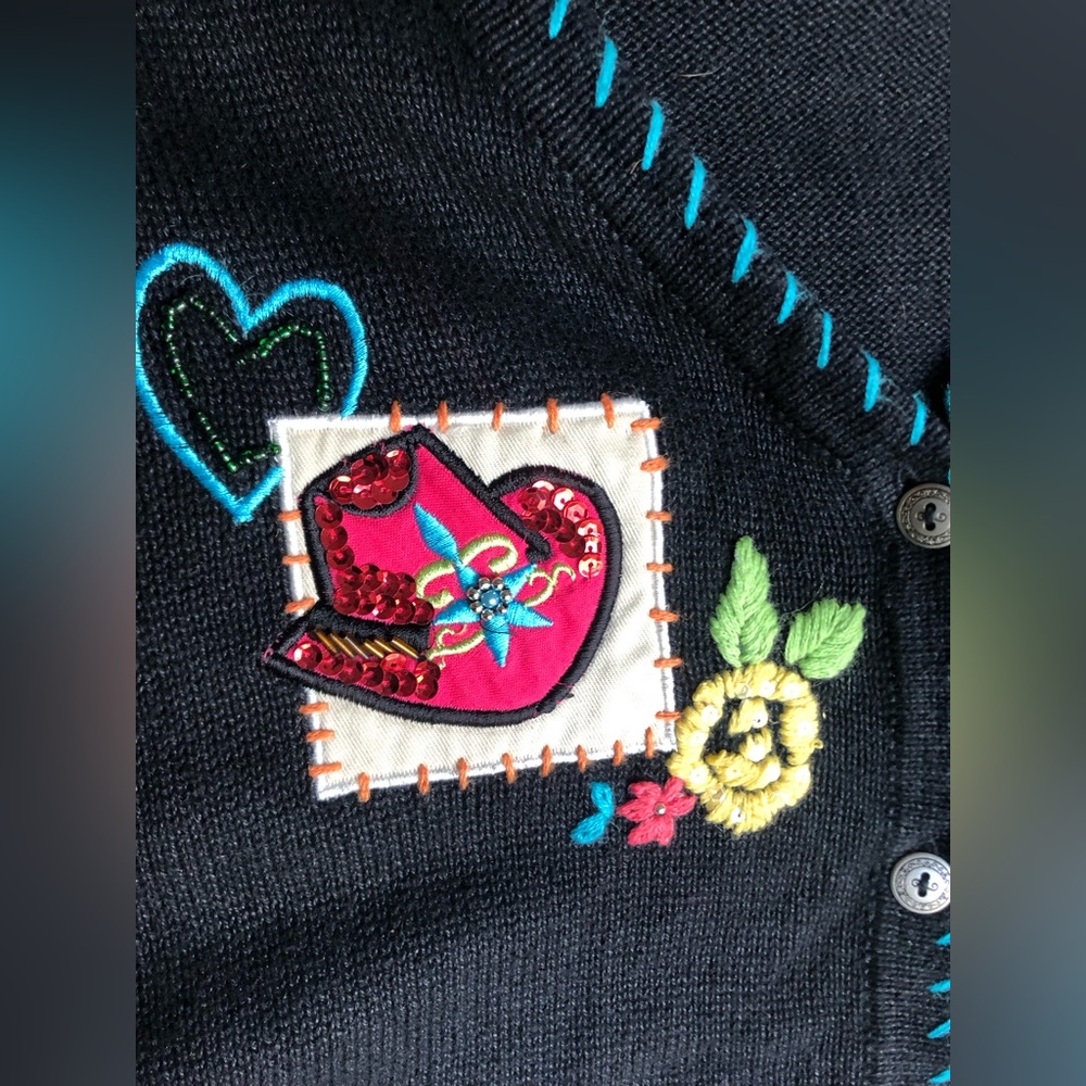 Susan Graver Black V-Neck Sweater with Colorful Embroidery - Picture 2 of 13